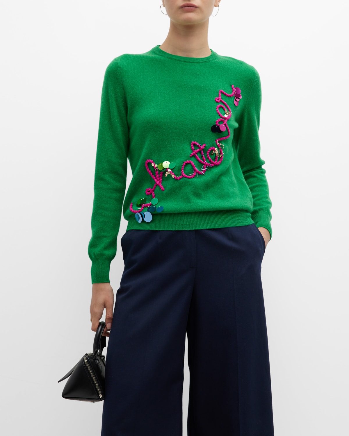 Whatever Hand-Embroidered Cashmere Classic Crewneck