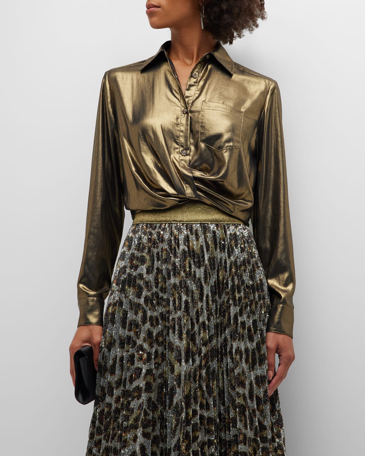 Le Superbe Sunset Tower Cropped Button-Front Metallic Shirt