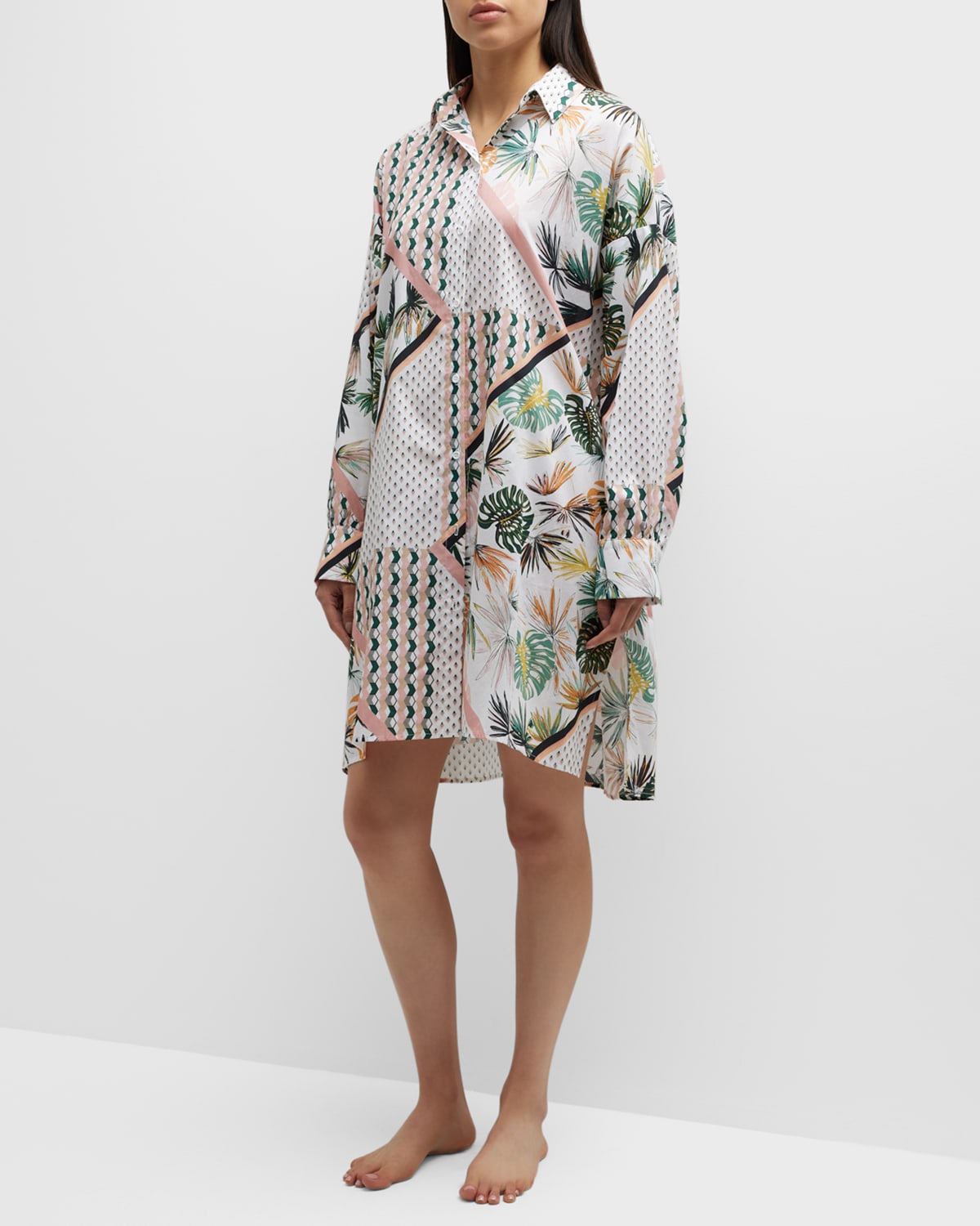 Andine Olive Patchwork-print Cotton Shirtdress In Bali Supima Cotto