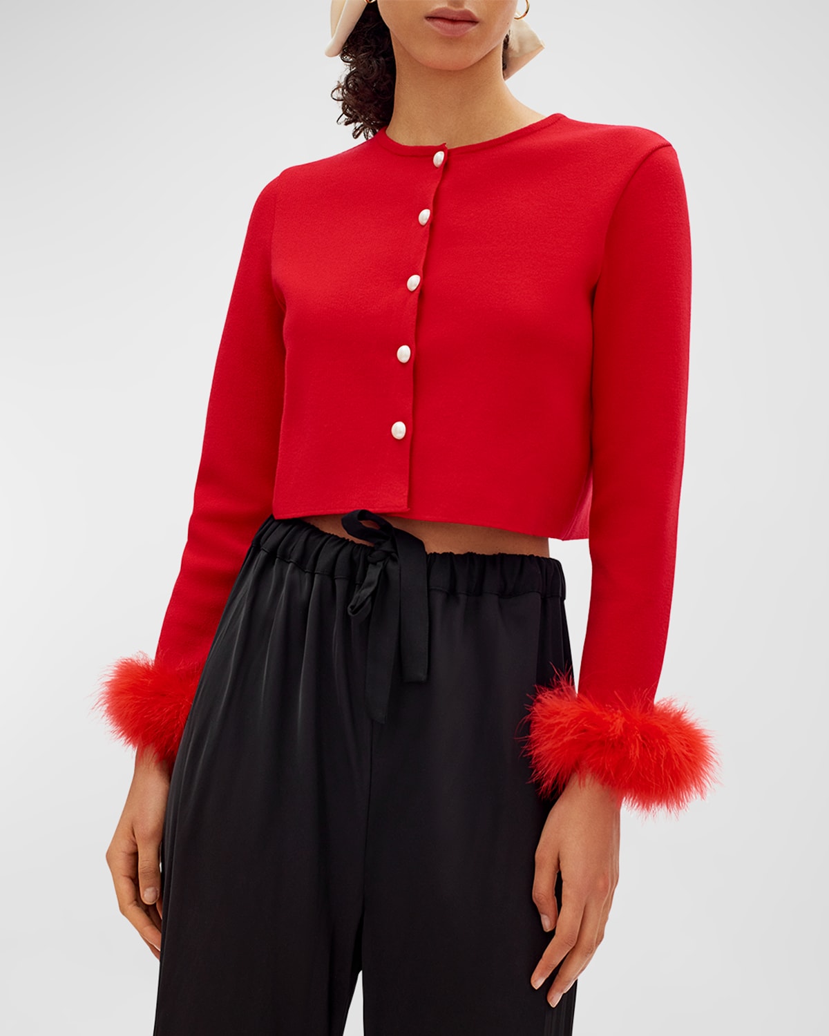 Shop Sleeper Cropped Feather-trim Cardigan In Flame Red