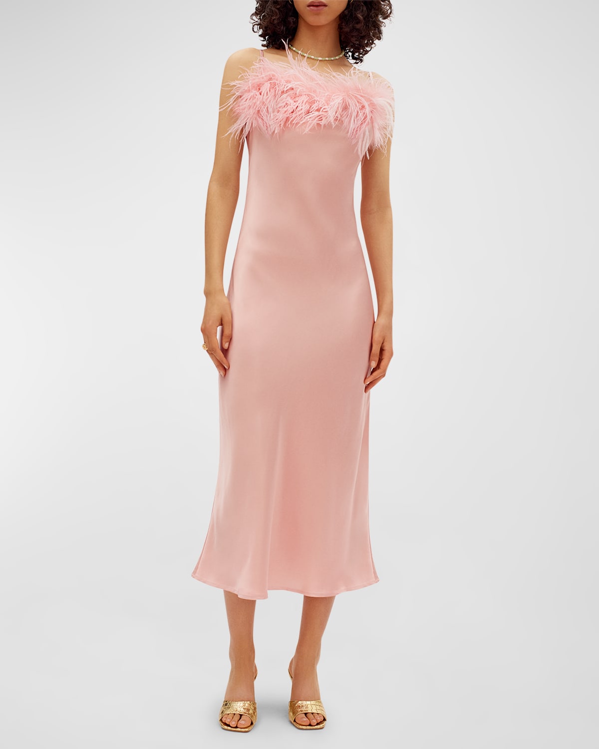Shop Sleeper Boheme Feather-trim Slip Dress In Dust Pink