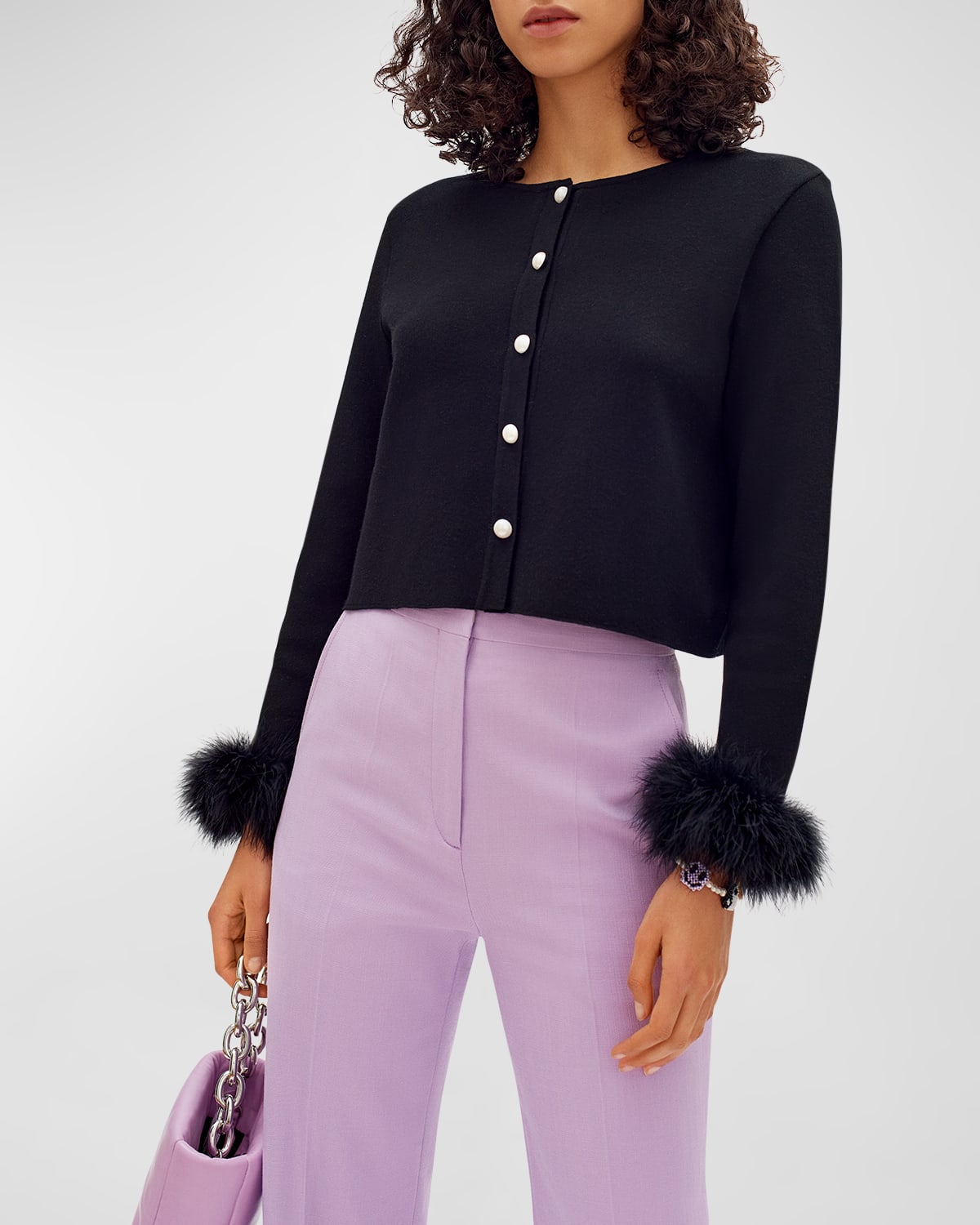Sleeper Cropped Feather Trim Cardigan Smart Closet