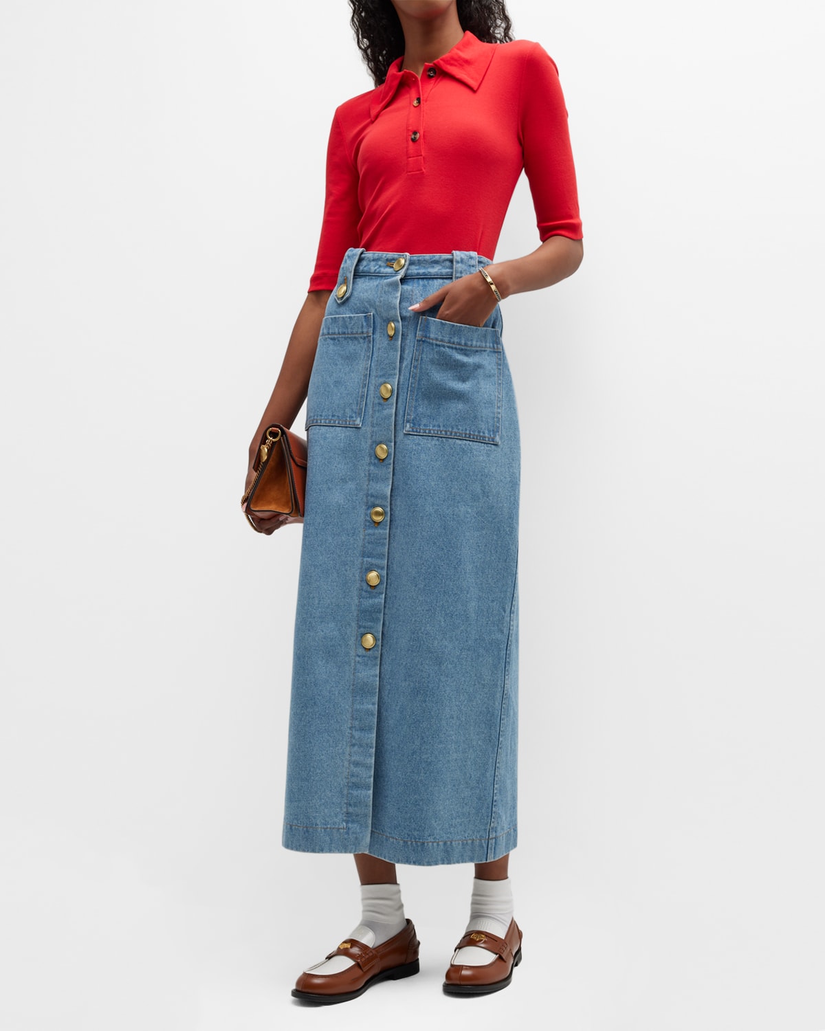 Button-Front Denim Midi Skirt