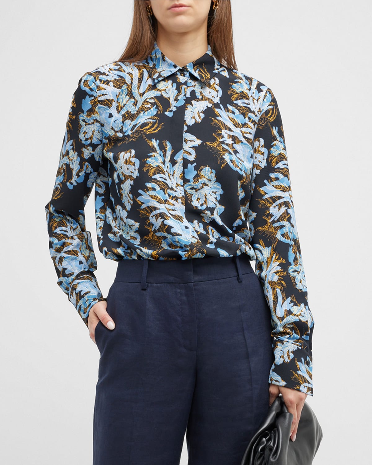 Lafayette 148 Scottie Abstract-print Button-down Blouse In Black Multi
