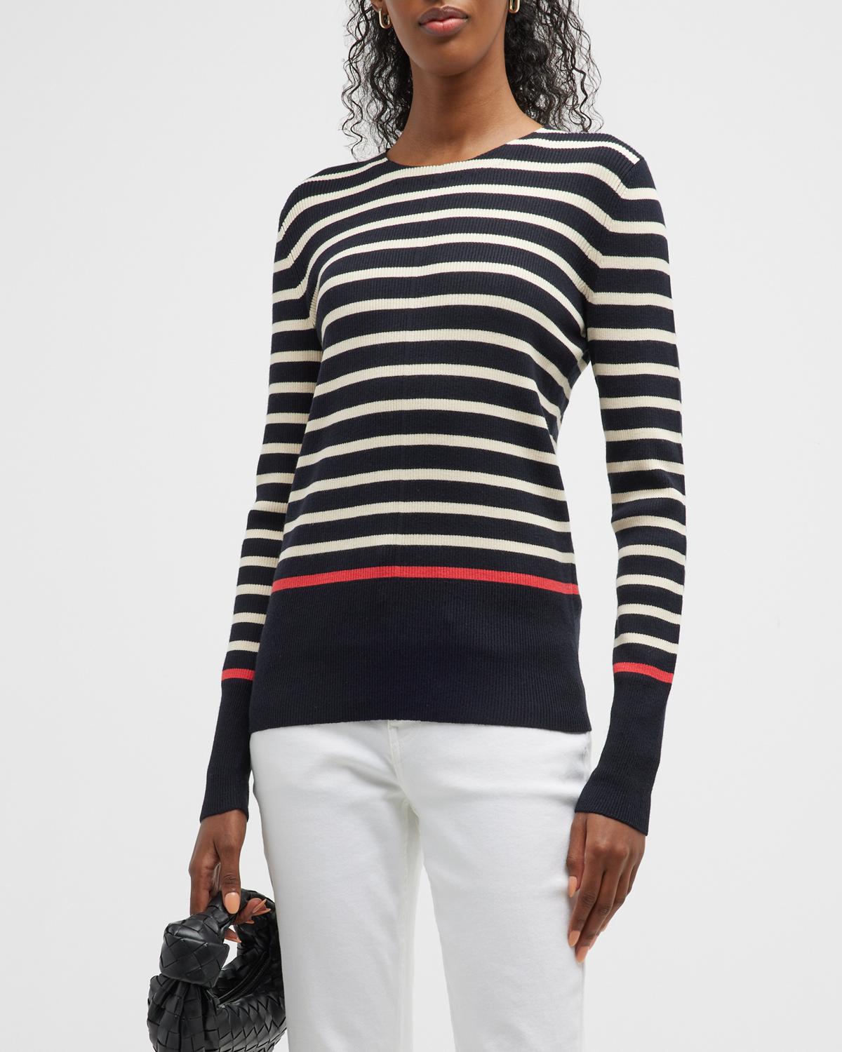 Lafayette 148 Striped Rib-knit Crewneck Sweater In Navy Multi | ModeSens