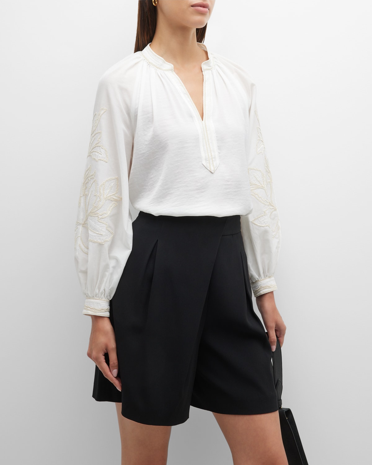 Grier Embroidered Blouson-Sleeve Blouse