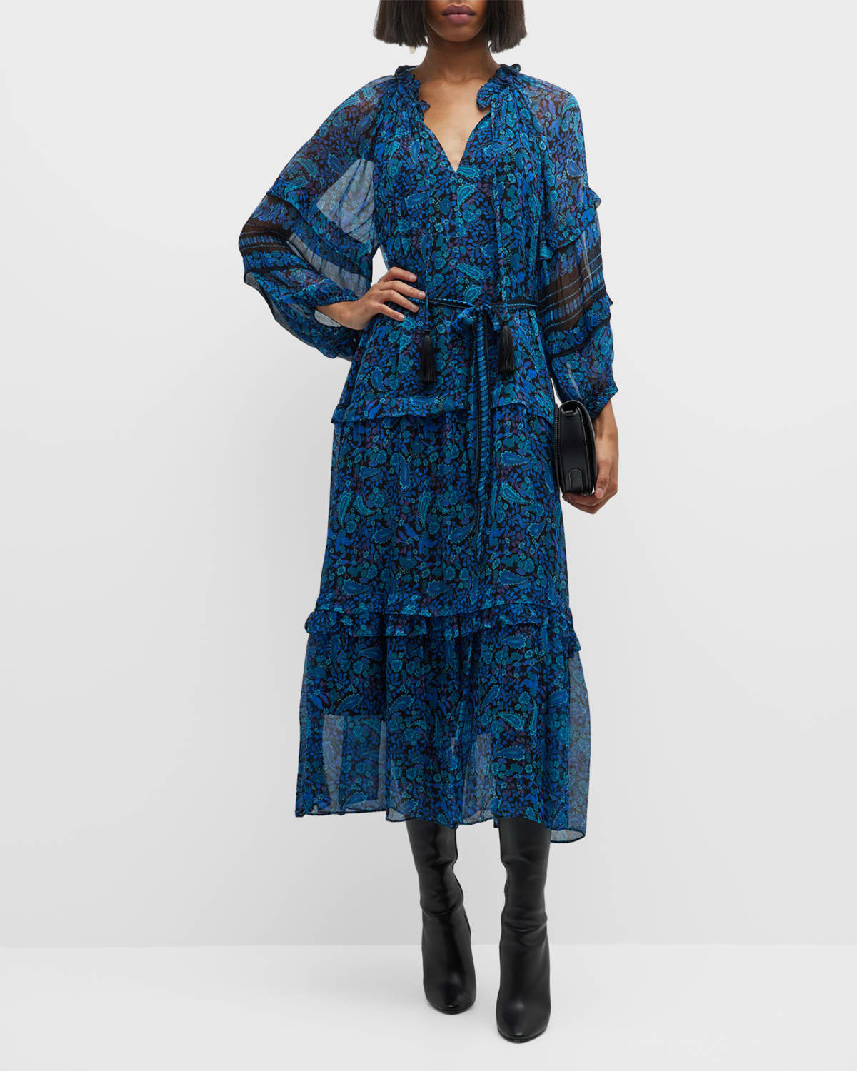 Amelie Paisley-Print Ruffle-Trim Midi Dress