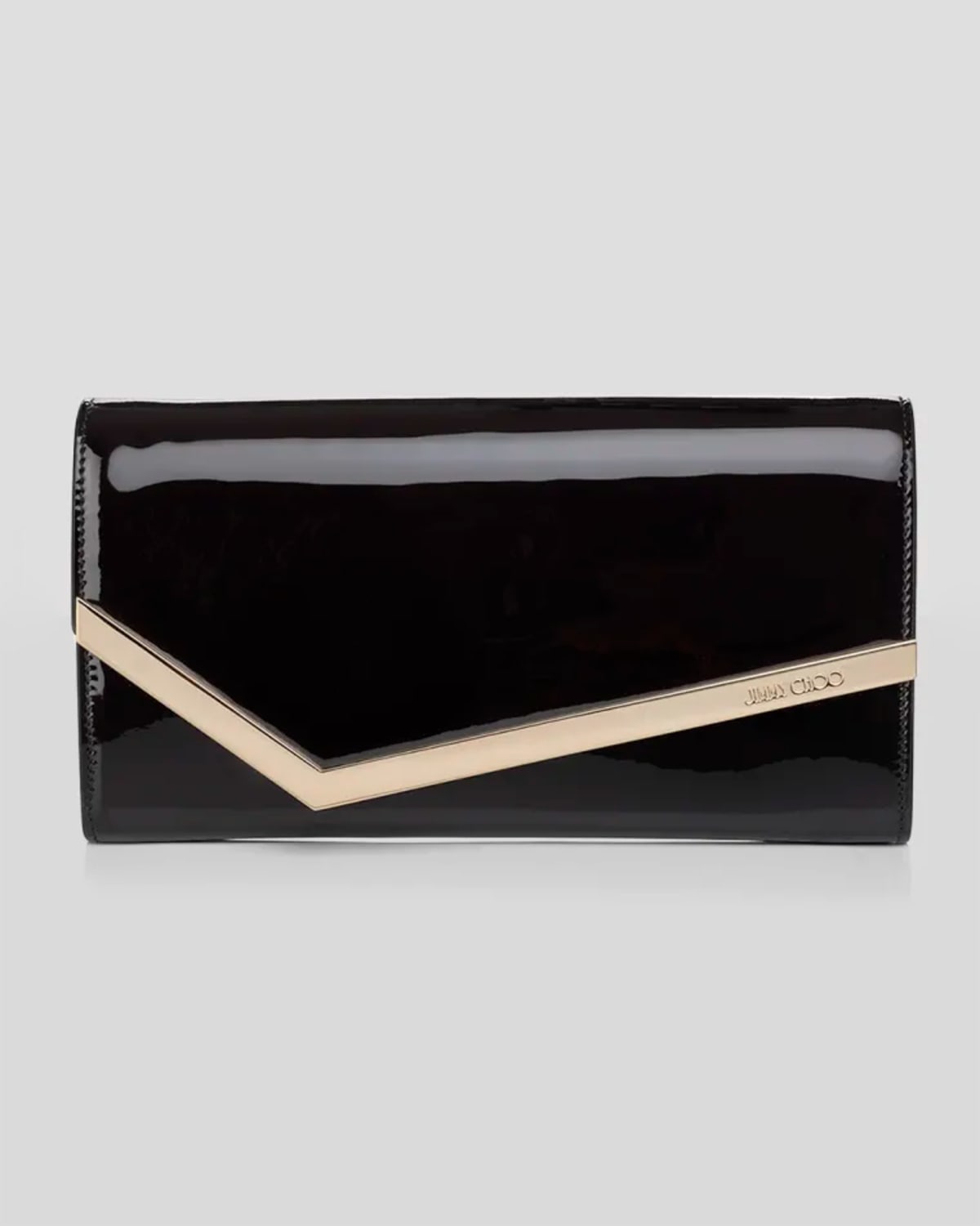 Jimmy Choo Emmie Flap Patent Leather Clutch Bag In Black Light Gold
