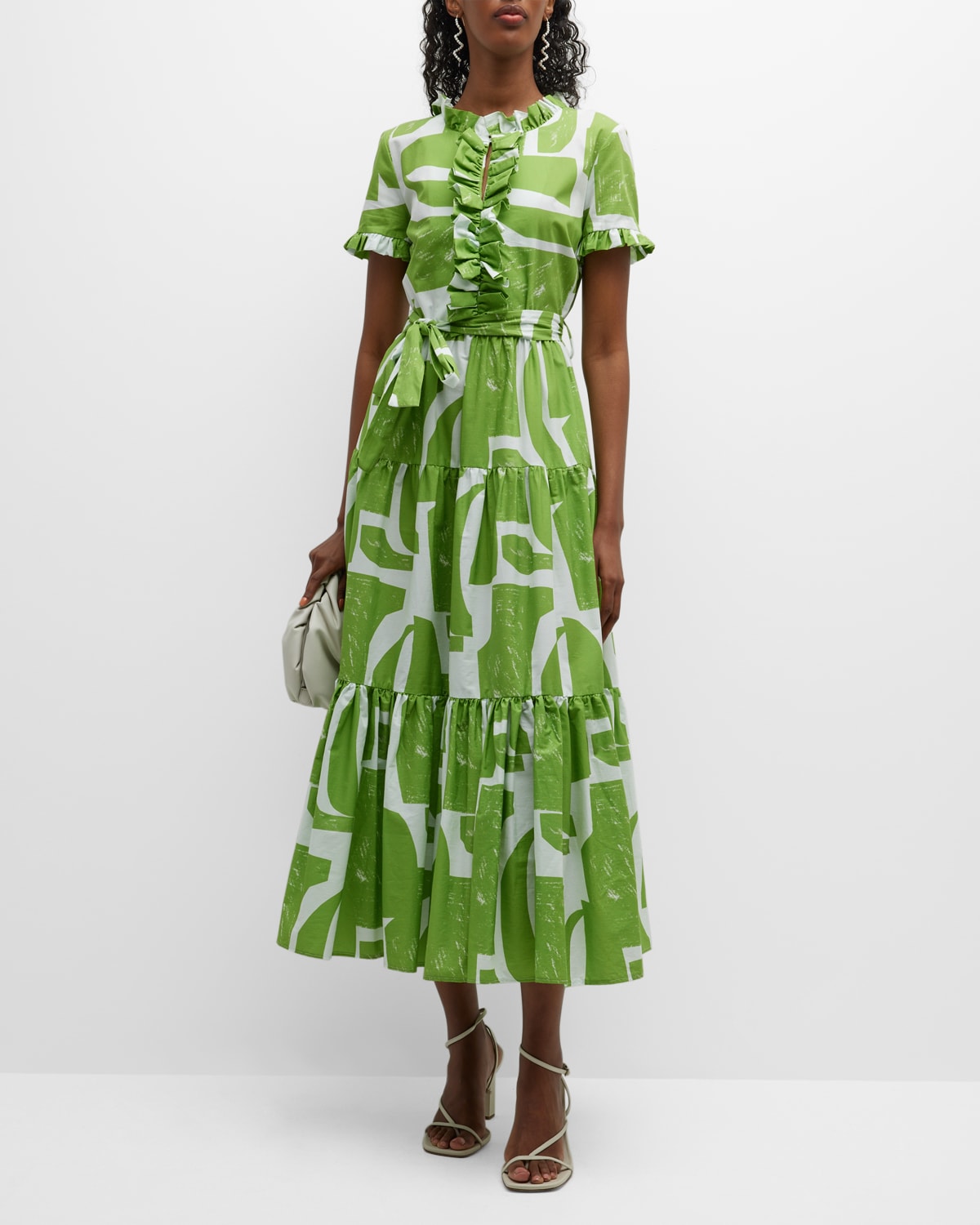 Tiered Abstract-Print Ruffle-Trim Midi Dress