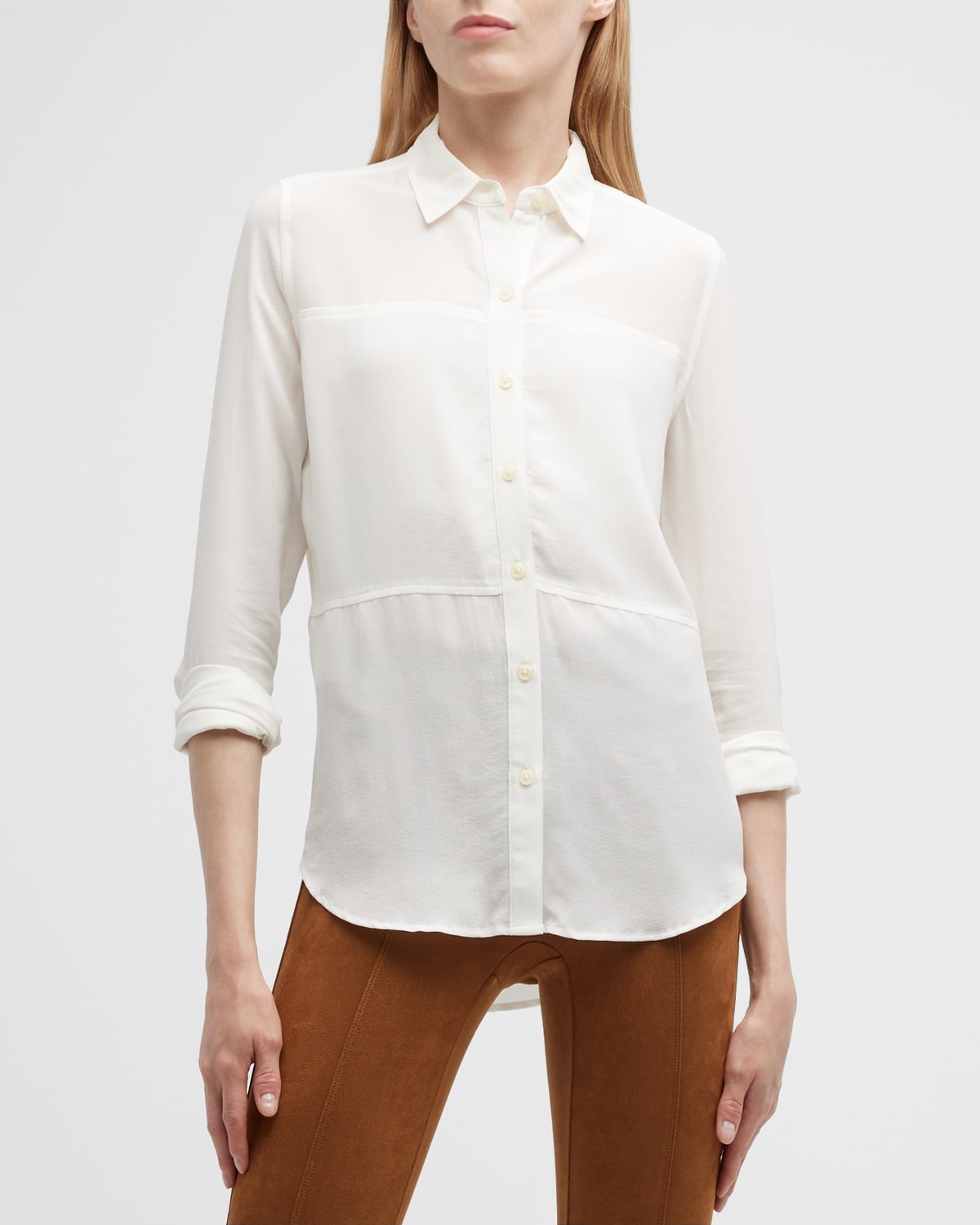 Washed Silk Paneled Button-Front Shirt