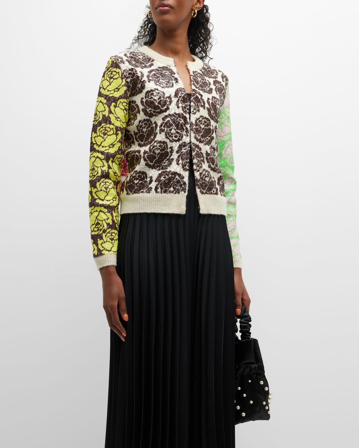Tory Burch Floral-print Sequin Cardigan In Light Custard