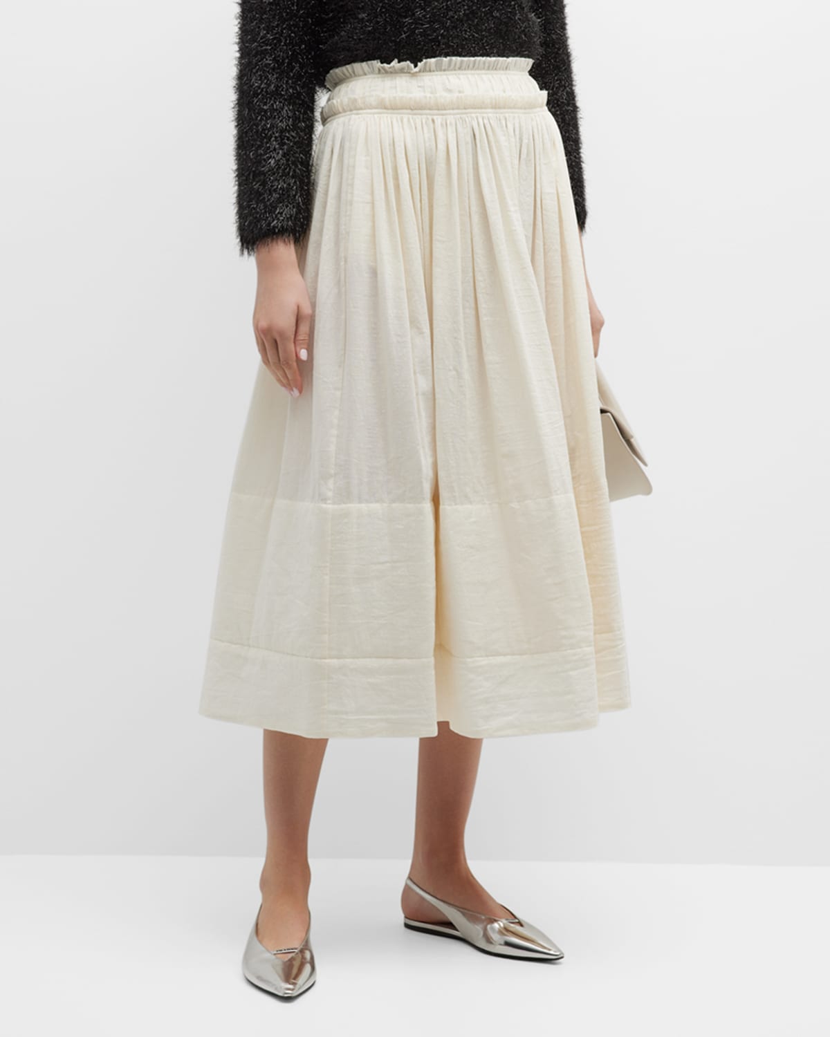 Ruched Linen-Blend Midi Skirt