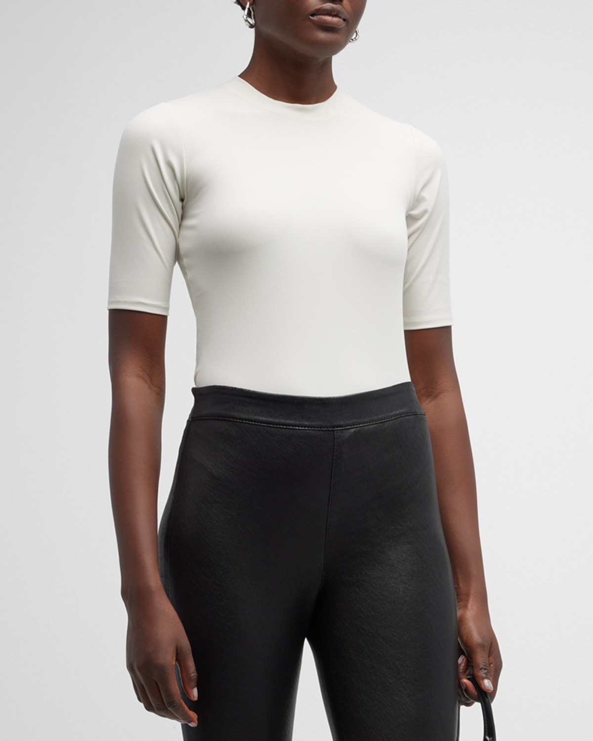 Spanx Suit Yourself Ribbed Crew Neck Short Sleeve Smoother Bodysuit In Parchment