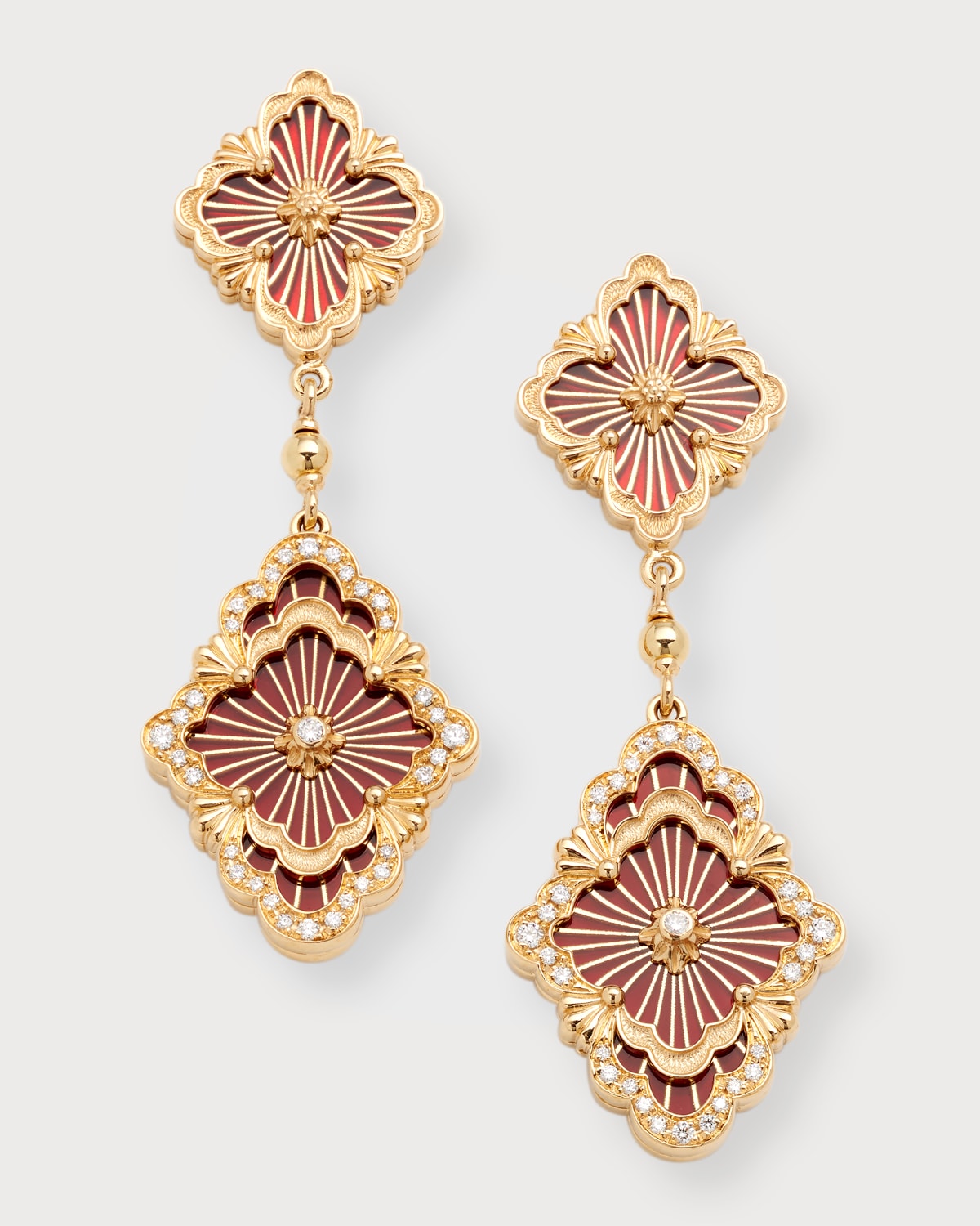 Buccellati Opera Tulle Pendant Earrings In Red Enamel With Diamonds And 18k Yellow Gold