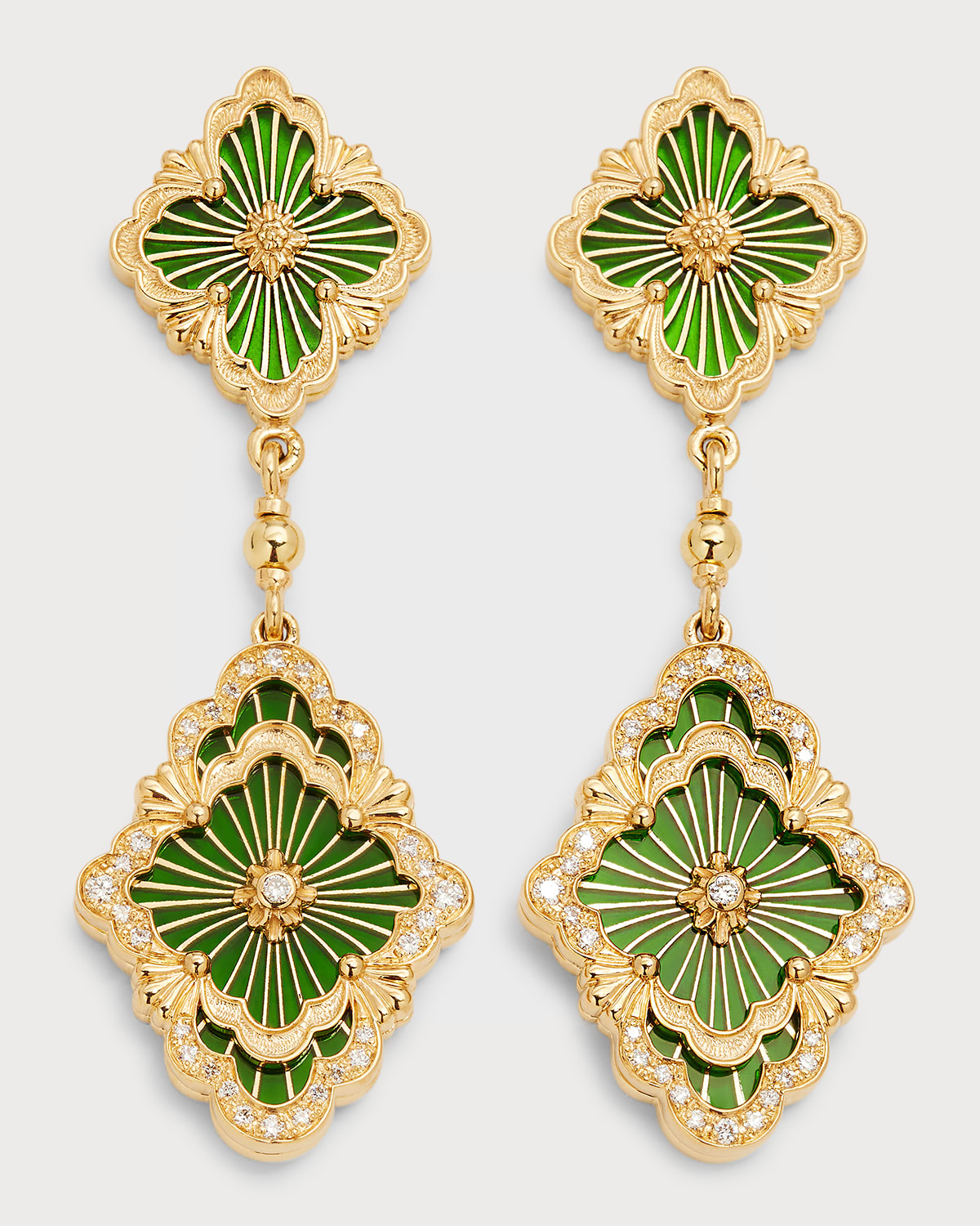 Buccellati Opera Tulle Pendant Earrings In Green With Diamonds And 18k Yellow Gold