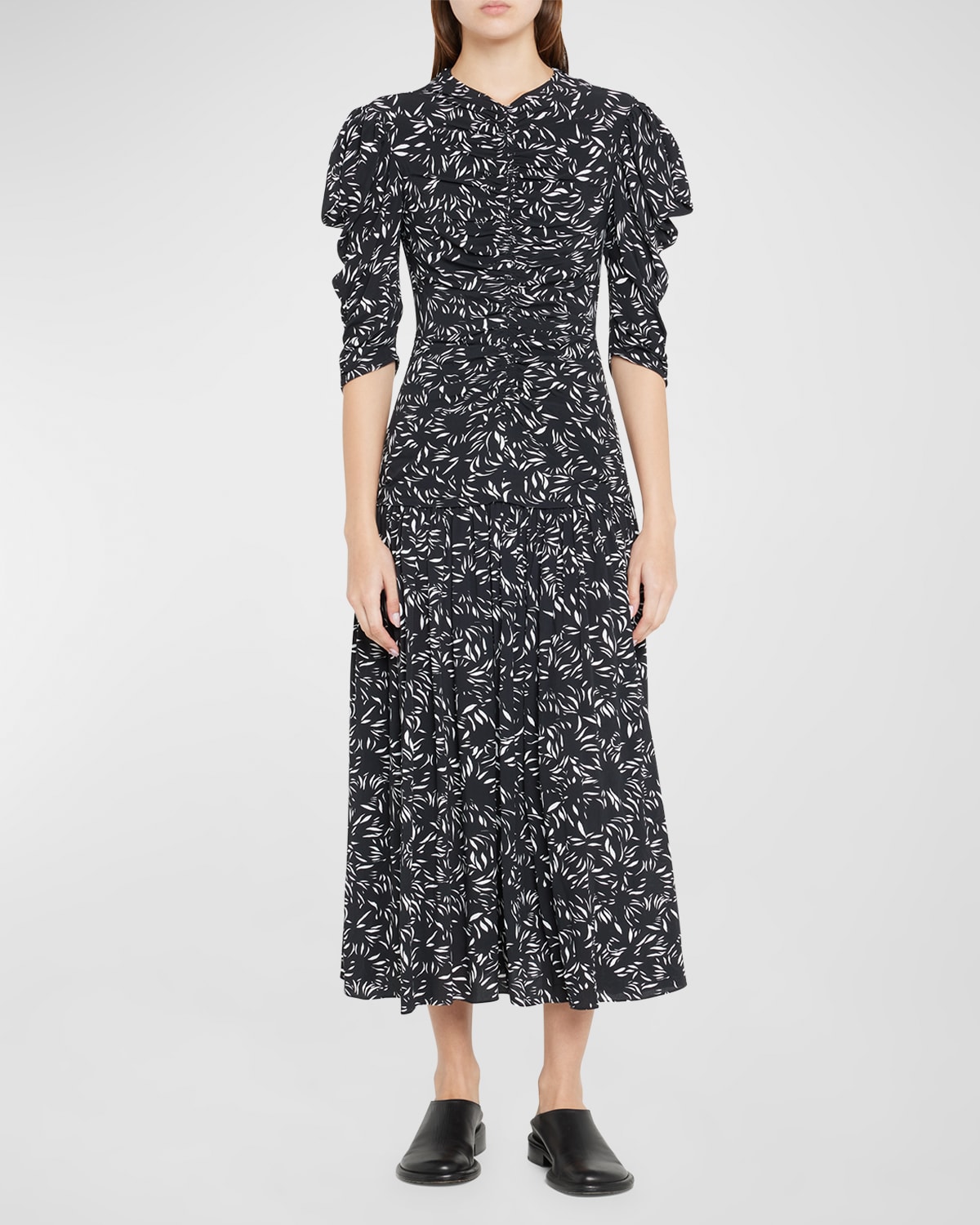 Proenza Schouler Leafy Puff-sleeve Midi-dress In Black/white Multi