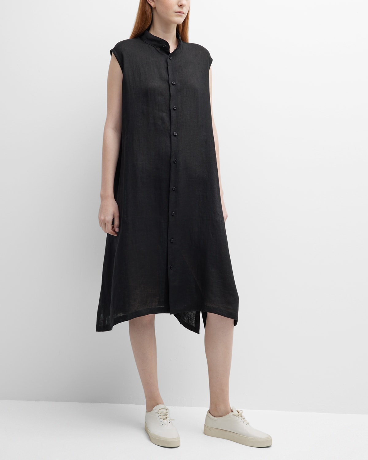 Eskandar A-line Collarless Sleeveless Linen Shirtdress In Black