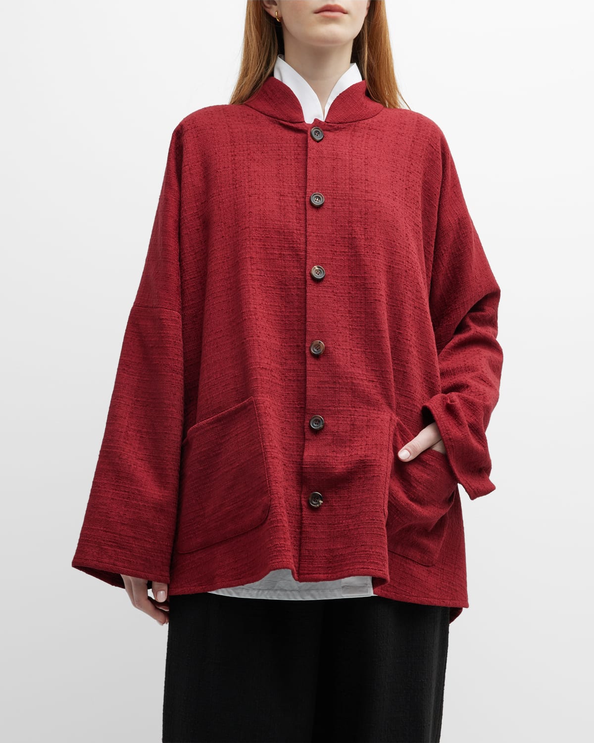 Eskandar Stand Collar Basketweave-cotton A-line Jacket In Tibetan Red