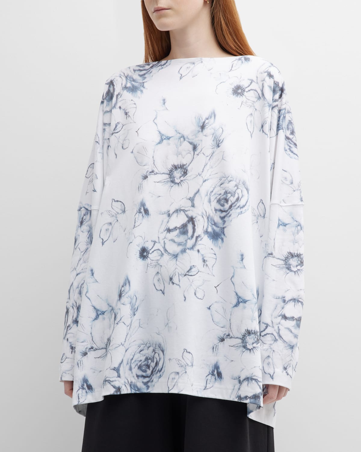 Eskandar Long Floral-print T-shirt With Slash Neck In Grey