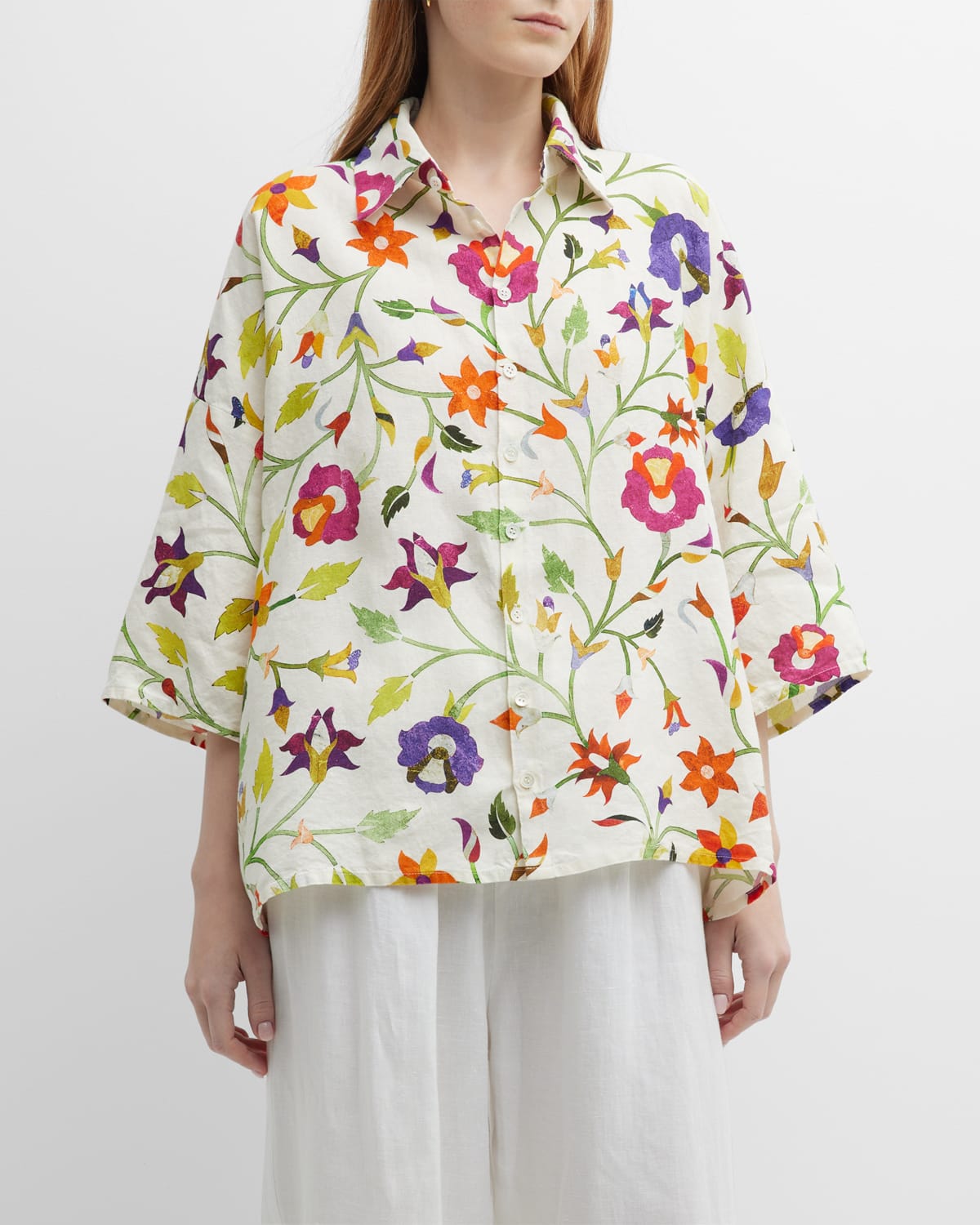 Eskandar Floral-print Button-front Shirt With Sloped Shoulders In Multicolour