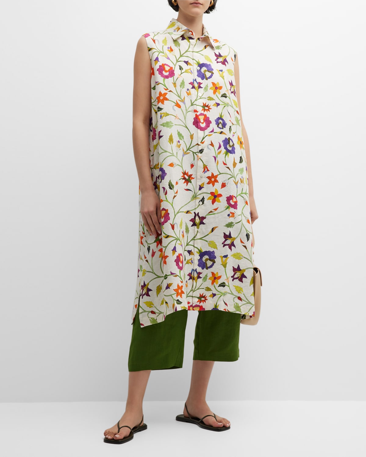 Eskandar Sleeveless Floral Print Button-Front Shirtdress