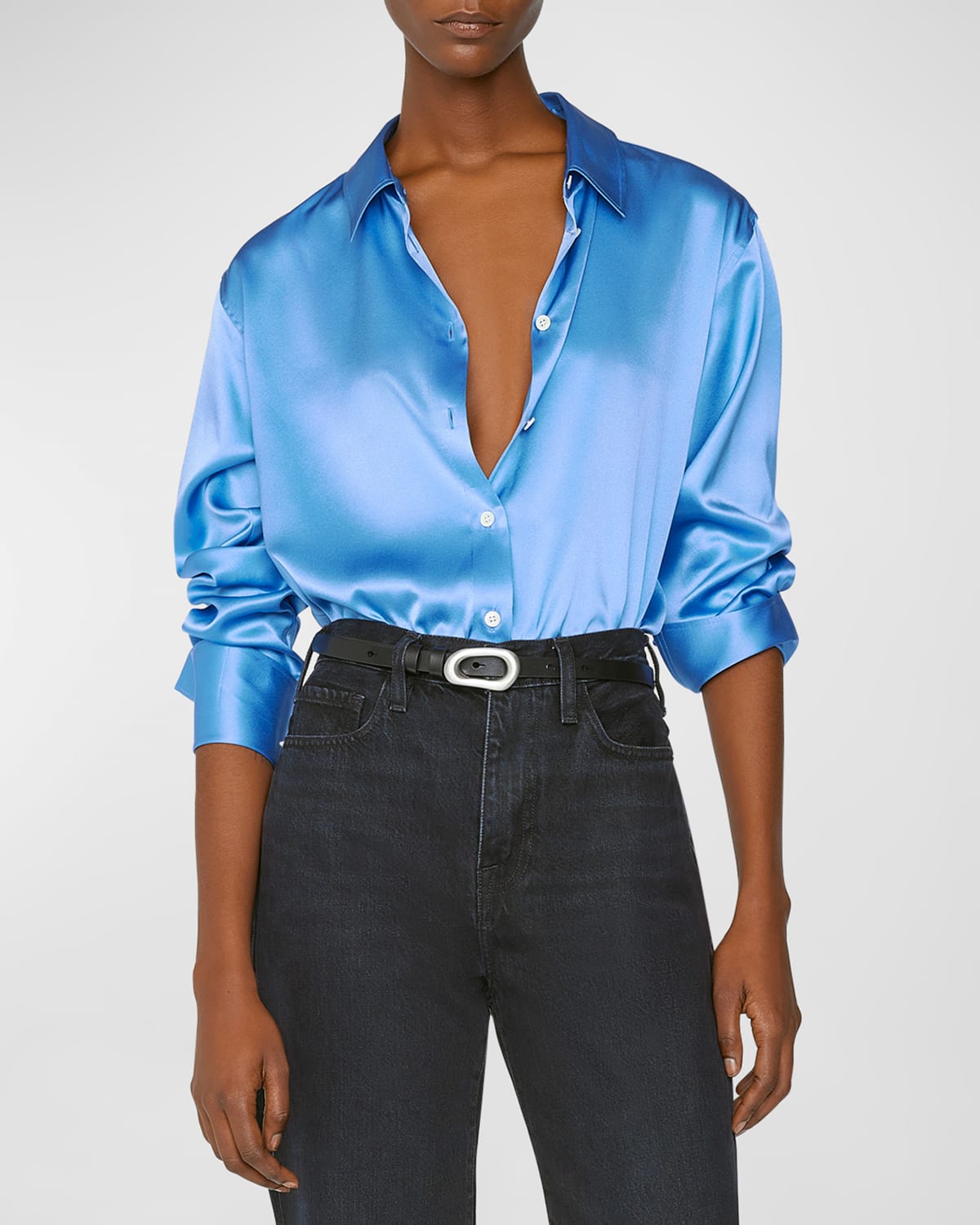 Frame Stretch Silk Button-up Shirt In Cornflower Blue