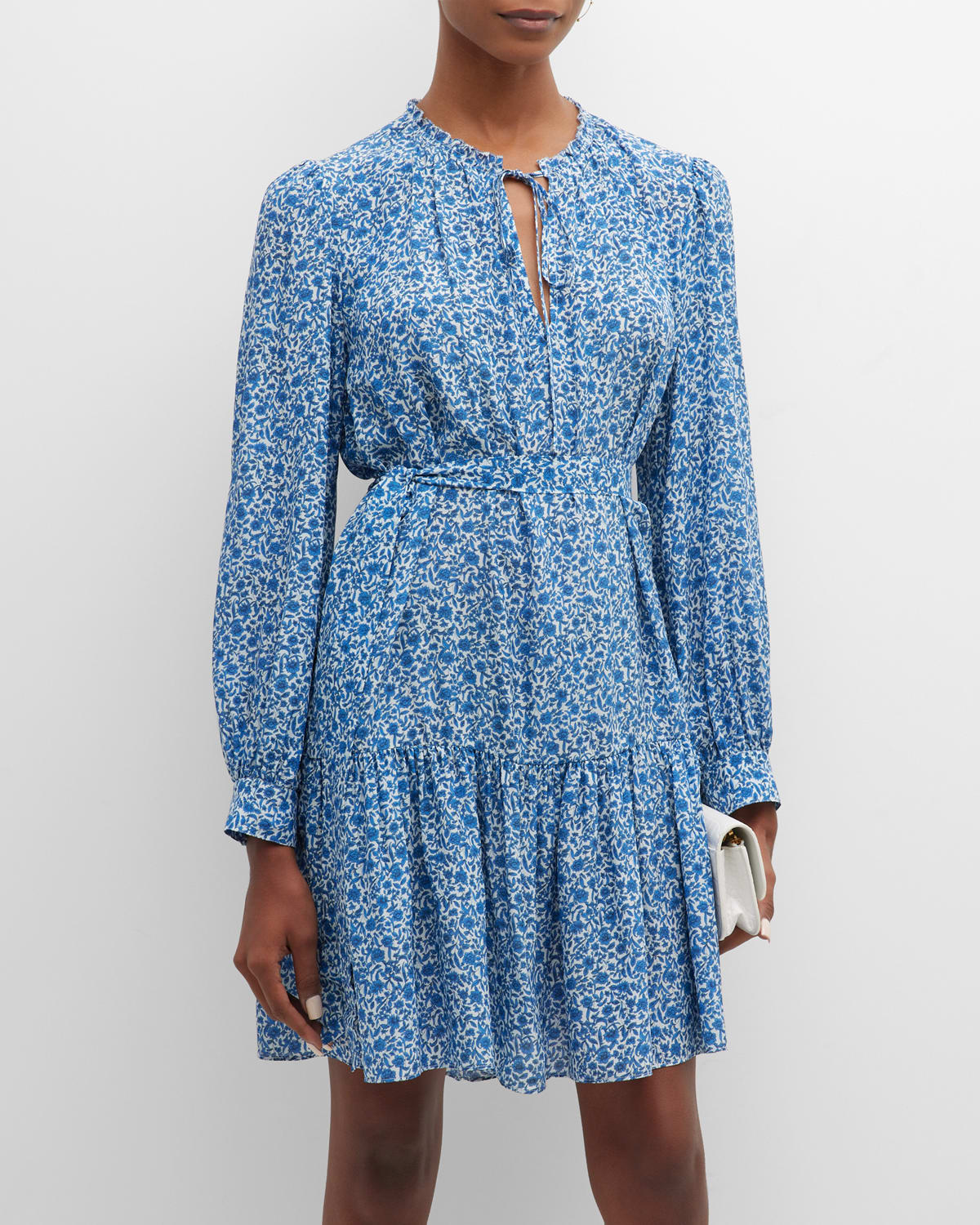 Rebecca Taylor Long Sleeve Floral Belted Mini Dress In Delft Fleur Indig |  ModeSens
