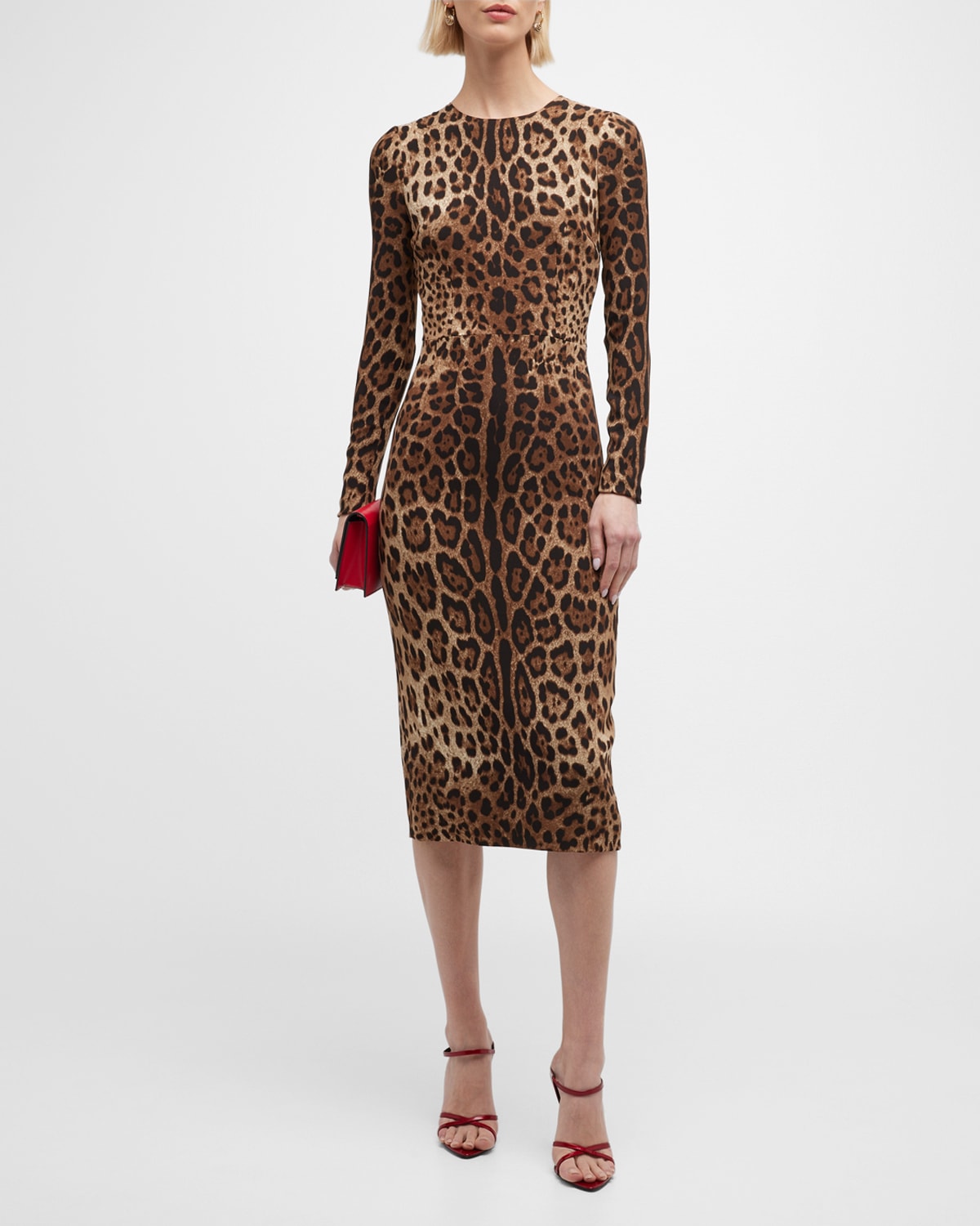 Shop Dolce & Gabbana Leopard-print Long-sleeve Midi Dress In Lightbrown