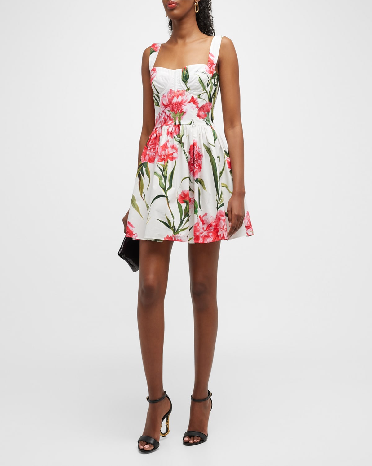 Dolce & Gabbana Carnation Print Poplin Corset Mini Dress In Natwhite