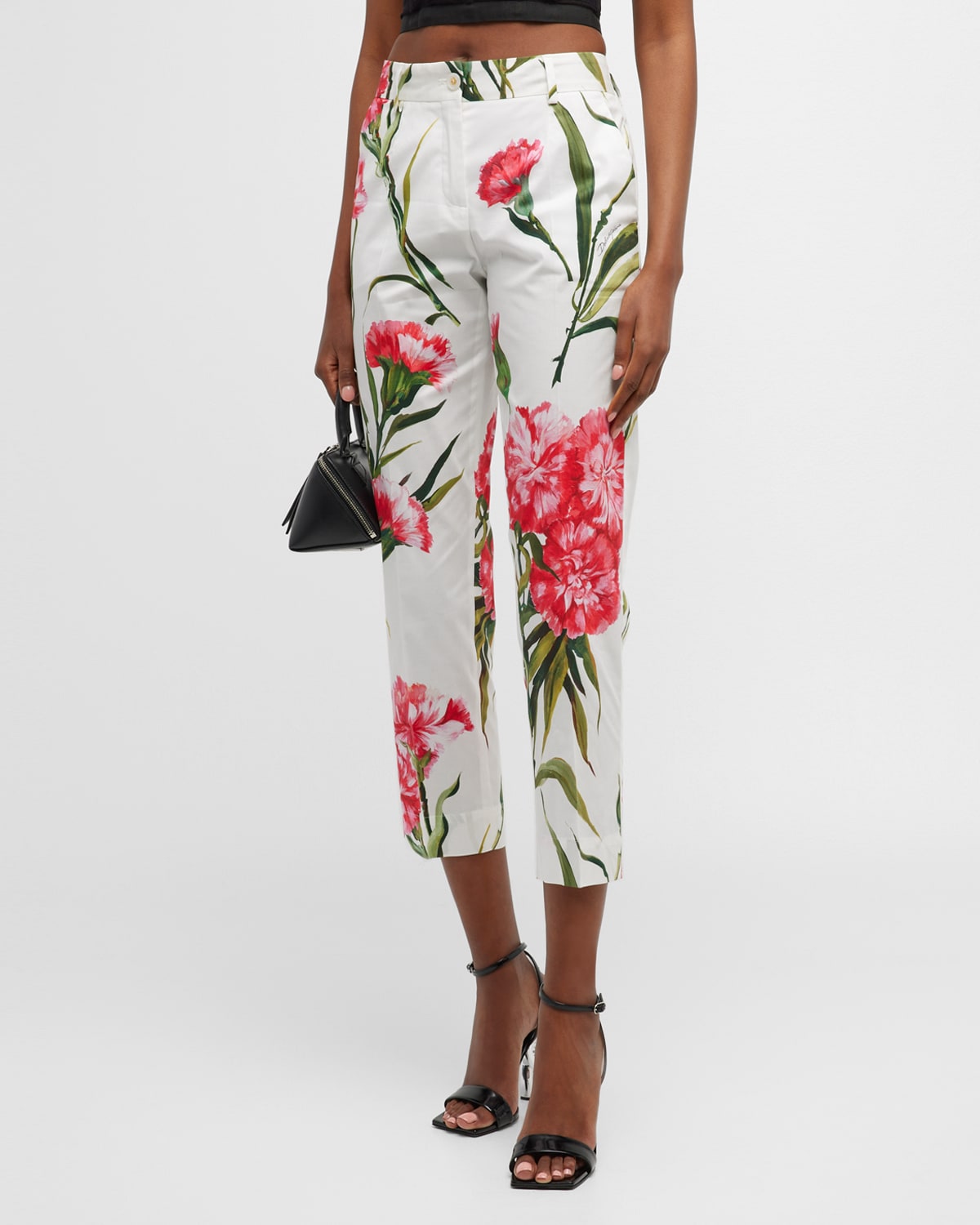 Dolce & Gabbana Carnation Print Stretch Cotton Crop Pants In Natwhite