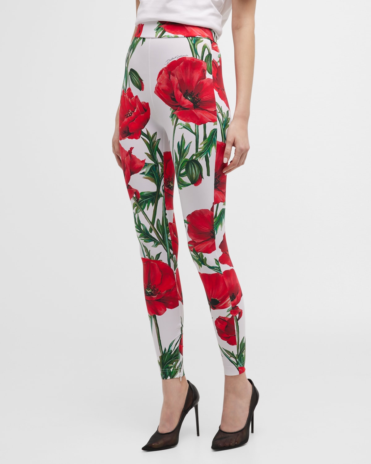 Dolce & Gabbana Poppy Floral-Print Zip-Hem Leggings | Smart Closet