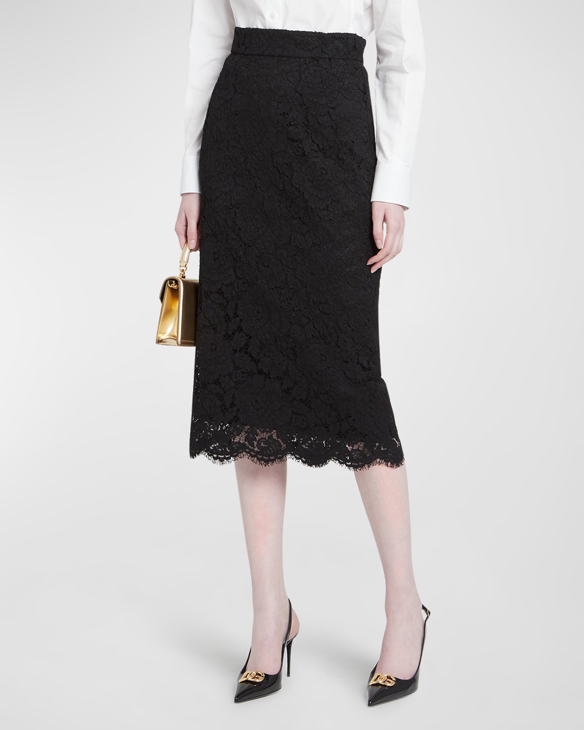 Shop Dolce & Gabbana Lace Scalloped-hem Midi Skirt In Black