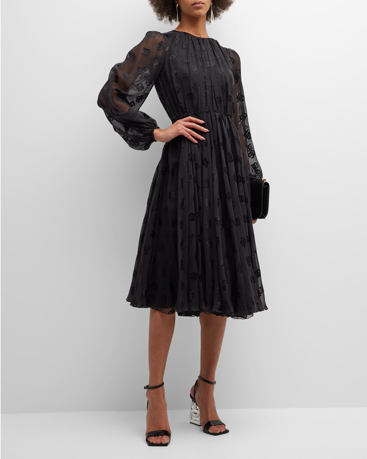 Dolce & Gabbana Logo Jacquard Long Sleeve Chiffon Dress In Black
