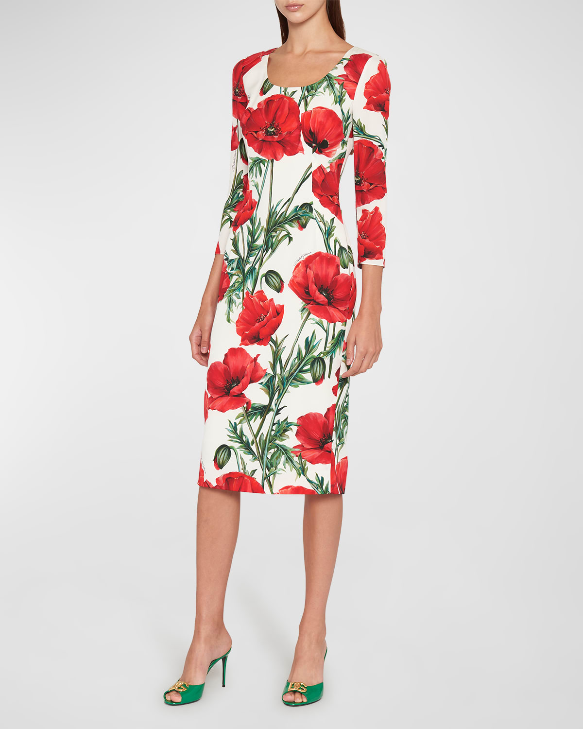 Dolce & Gabbana Poppy Print Silk Charmeuse Midi Dress In Natwhite