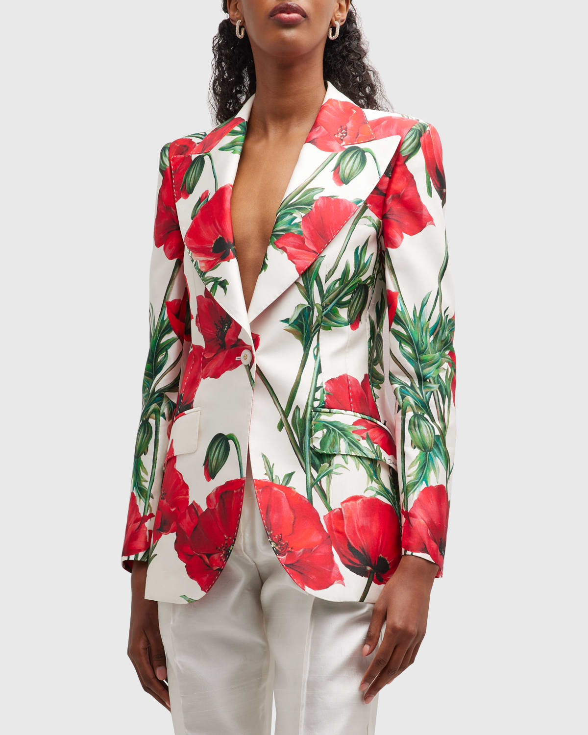 Dolce & Gabbana Poppy Floral-print Single-breasted Blazer Jacket In Natwhite
