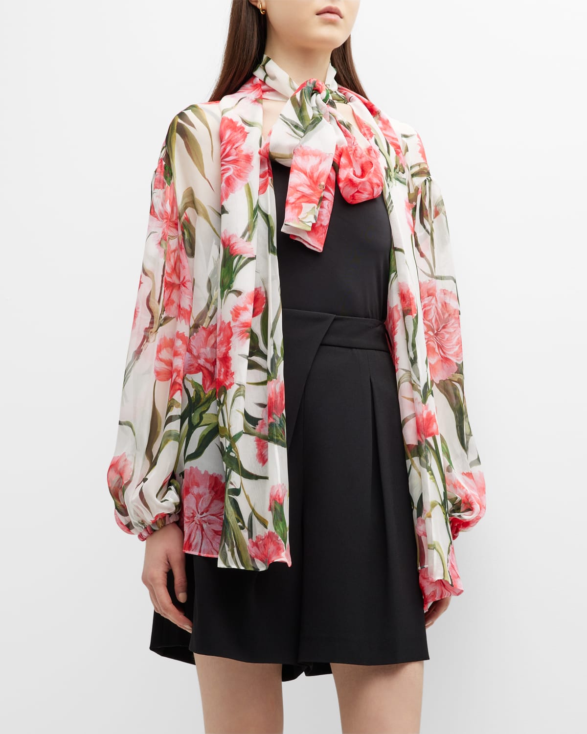 Dolce & Gabbana Bow-detailed Floral-print Silk-chiffon Blouse In Natwhite