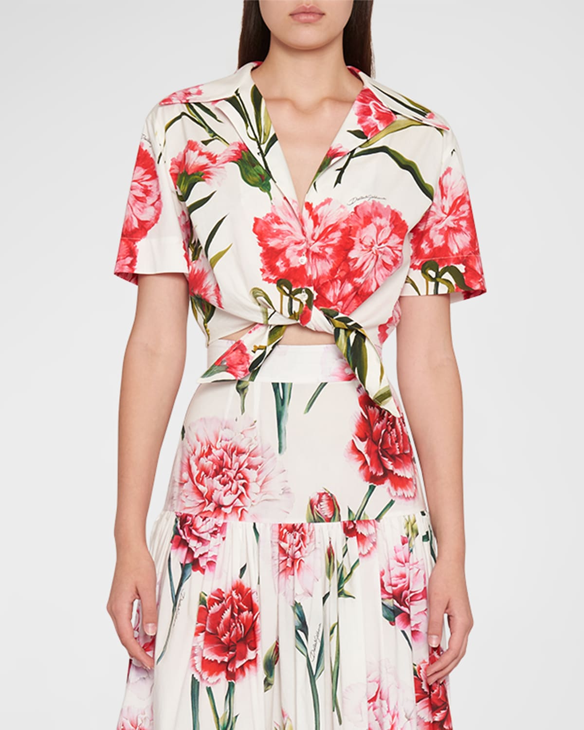 Dolce & Gabbana Carnation-print Poplin Shirt With Knot Detail In Natwhite
