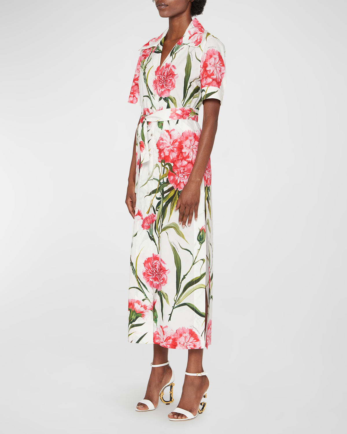 Dolce & Gabbana Belted Floral-print Cotton-poplin Midi Shirt Dress In Natwhite