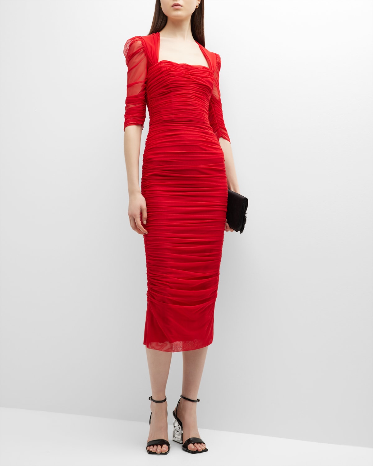 Dolce & Gabbana Ruched Midi Dress W/ Corset Boning In Bright Red