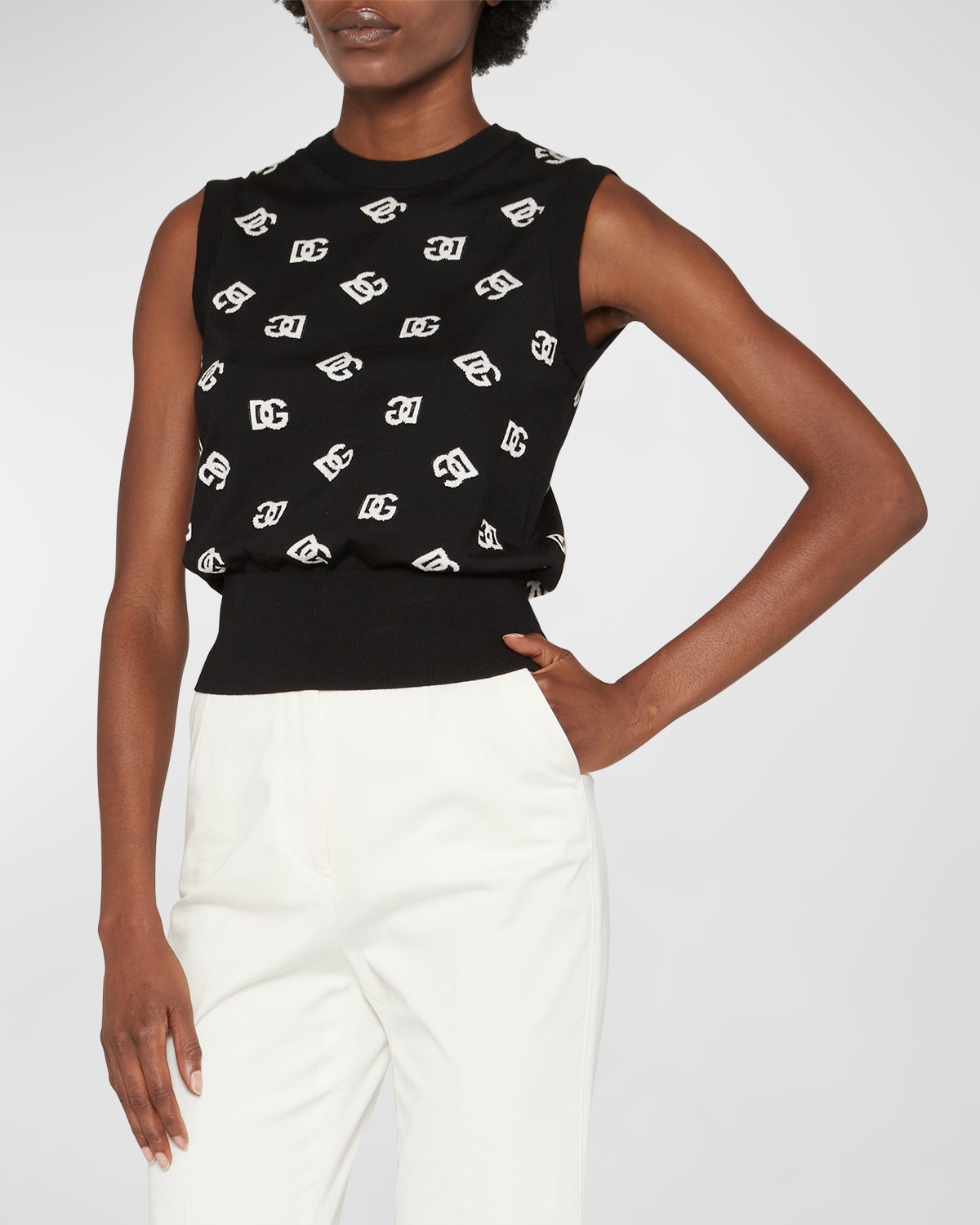 Dolce & Gabbana Logo Intarsia Wool And Silk Top In Blk Inlay