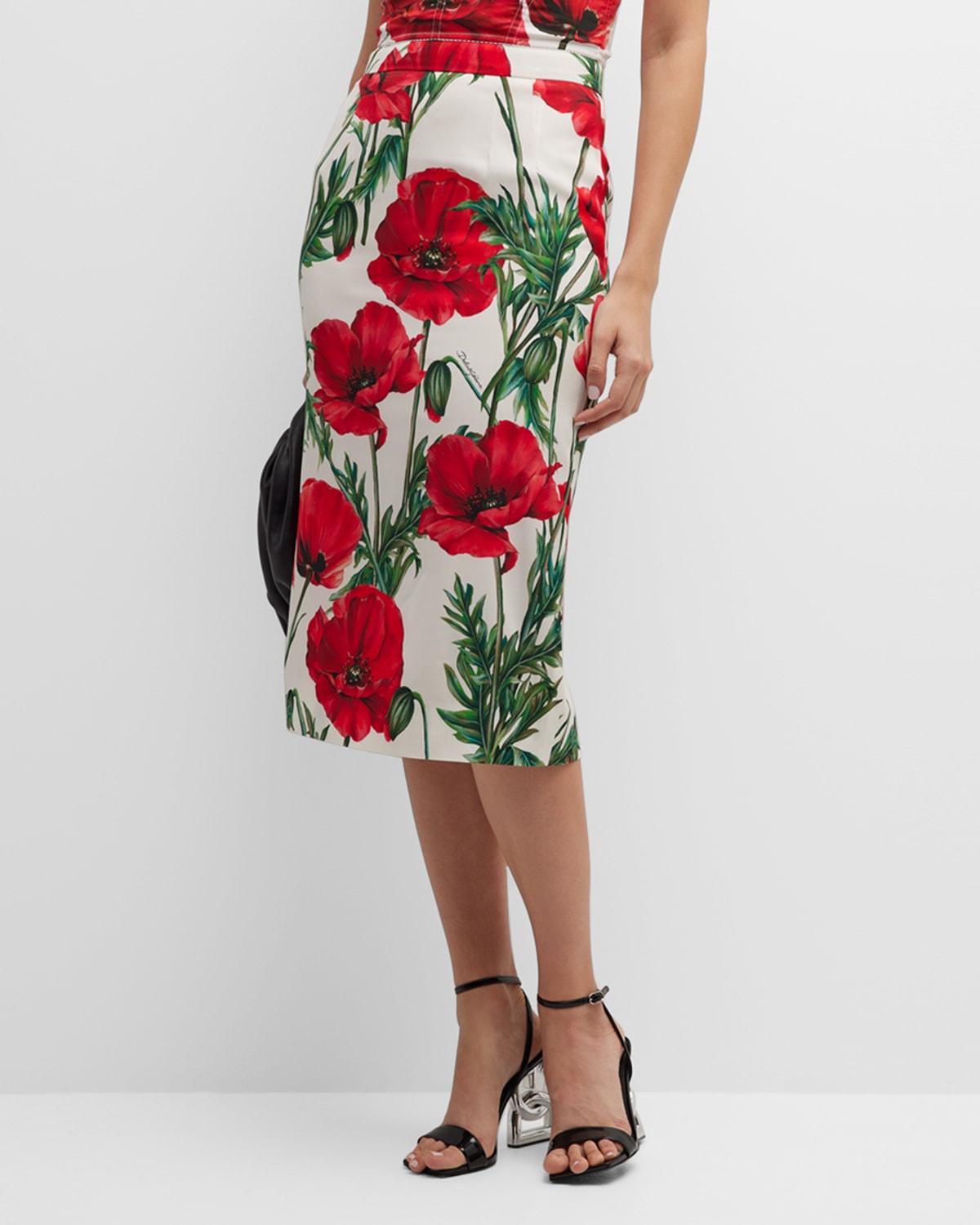 Dolce & Gabbana Poppy-print High-waisted Silk-blend Midi Skirt In Natwhite