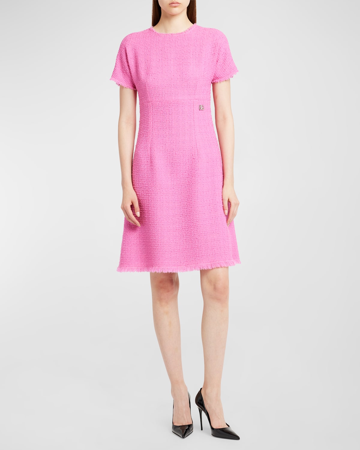 Shop Dolce & Gabbana Tweed Short Dress With Logo Emblem In Brightpink