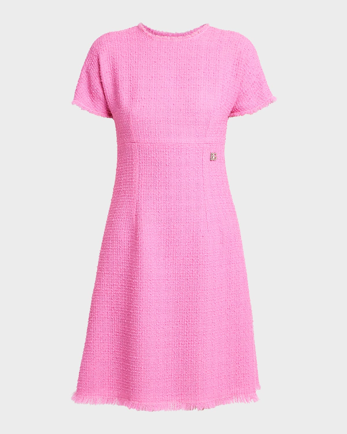 Shop Dolce & Gabbana Tweed Short Dress With Logo Emblem In Brightpink