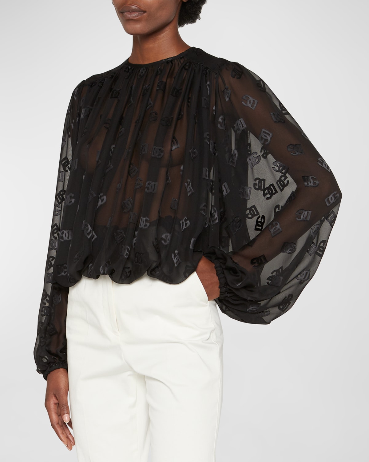 Dolce & Gabbana Monogram Jacquard Chiffon Top In Black