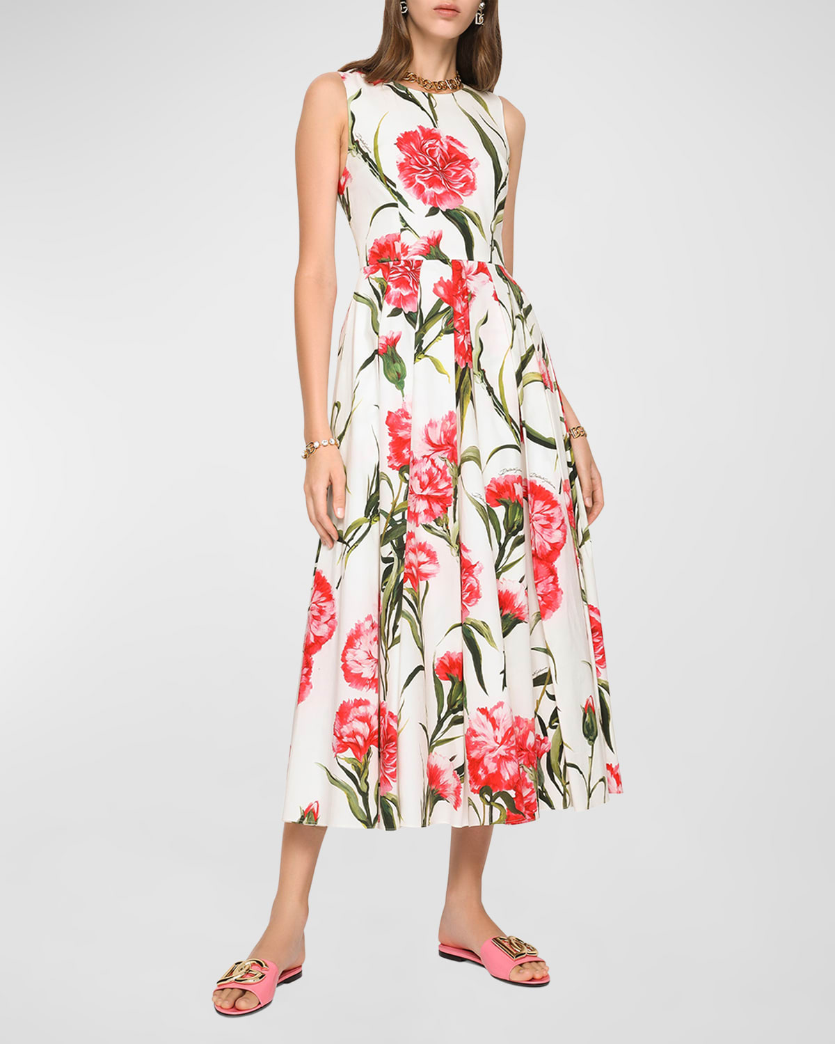 Dolce & Gabbana Carnation Print Sleeveless Cotton Fit & Flare Dress In Natwhite