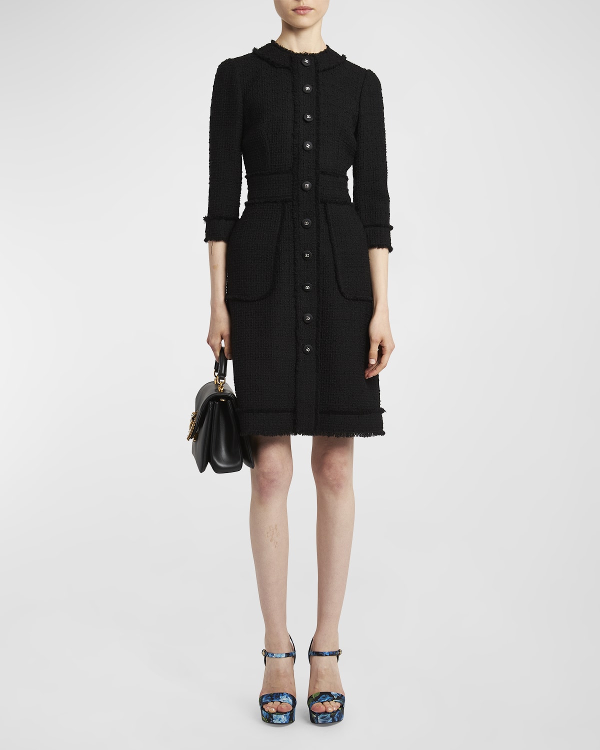 Shop Dolce & Gabbana Tweed Button-front Short Dress In Black