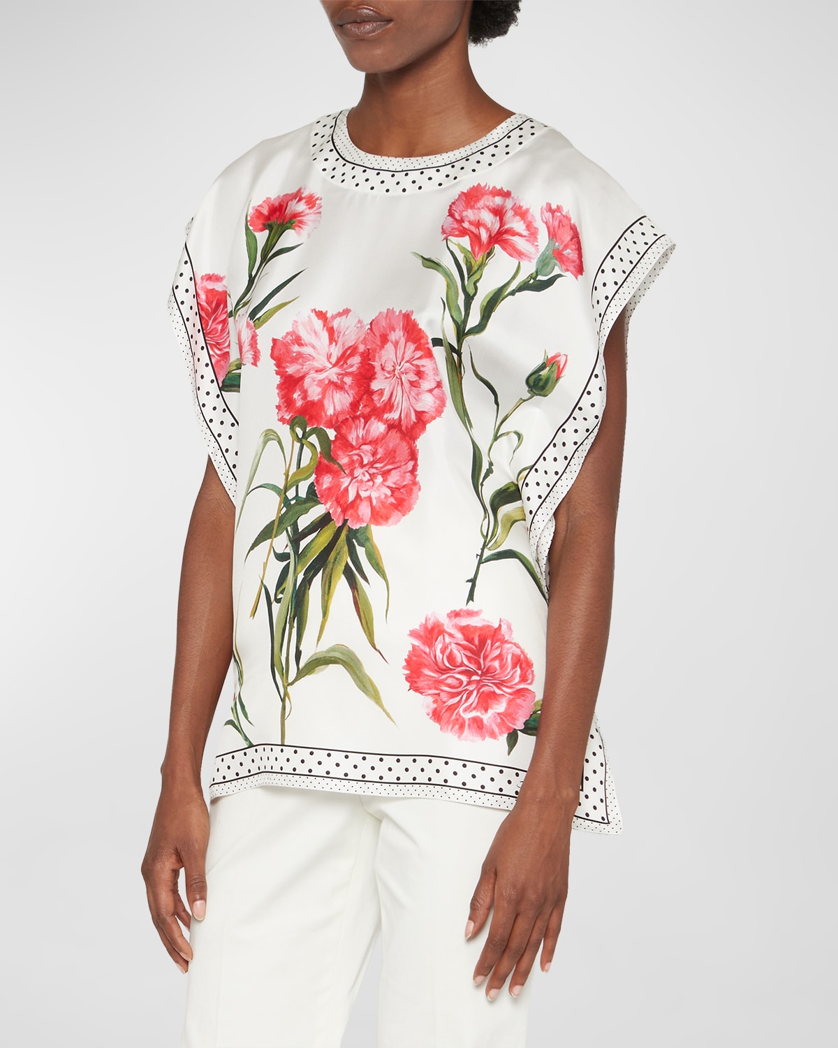 Dolce & Gabbana Floral-print Bordered Silk Top In Natwhite