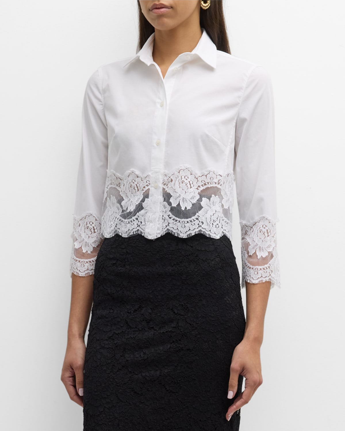 Shop Dolce & Gabbana Cropped Button-front Blouse With Lace Trim In Opticwhite