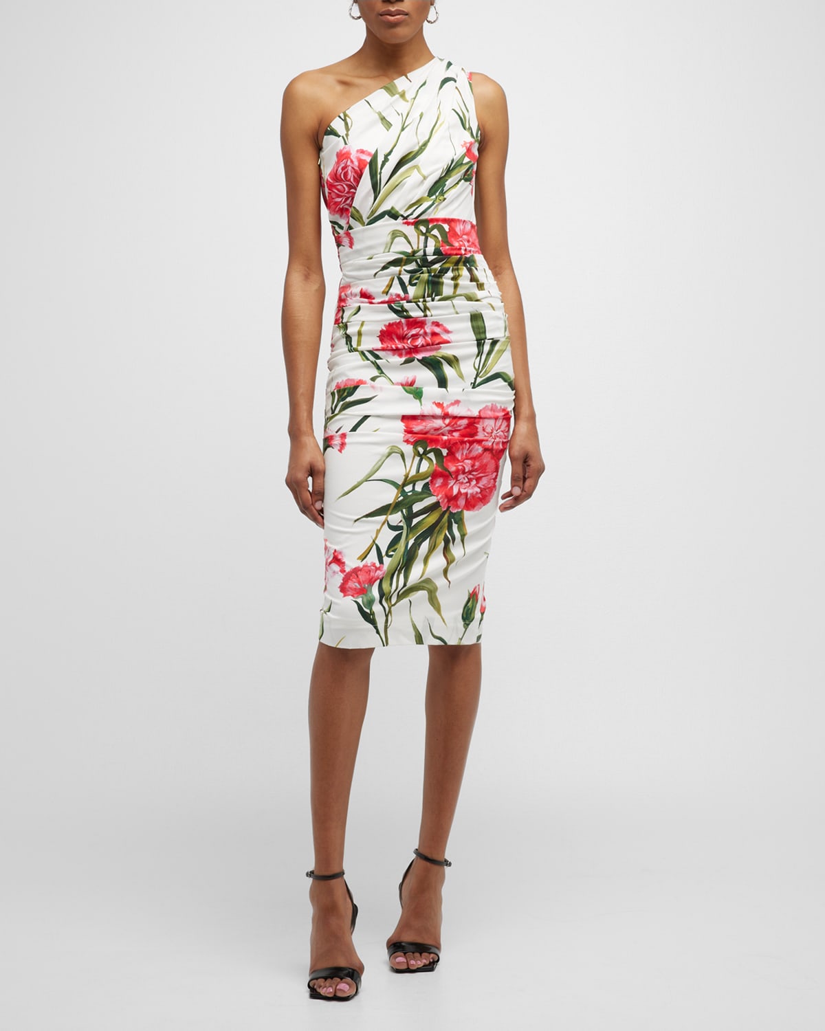 Dolce & Gabbana Floral One-shoulder Cotton-blend Midi Dress In Natwhite
