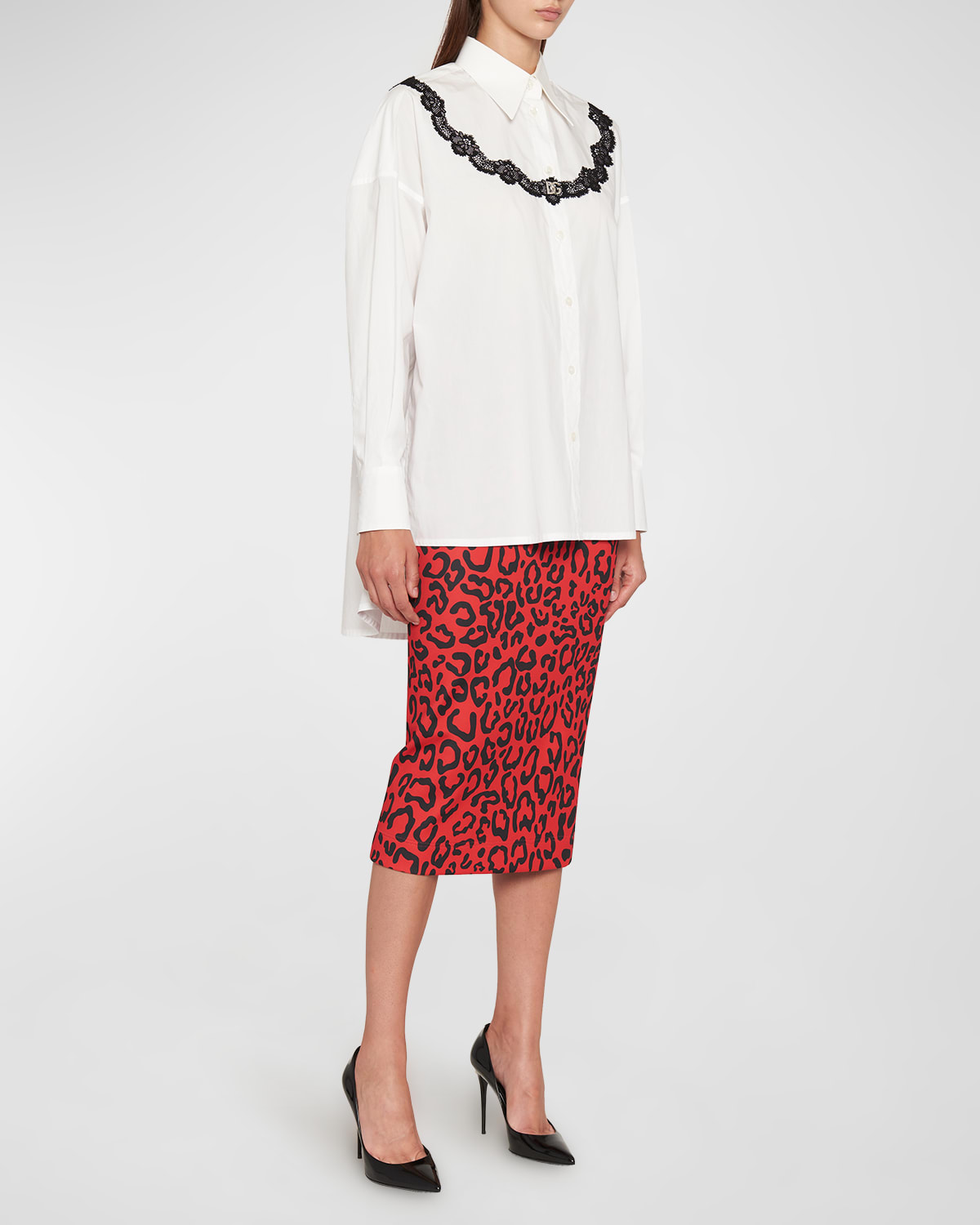 Dolce & Gabbana Dolce&gabbana Oversize Lace Yoke High-low Cotton Blend Button-up Shirt In Opticwhite